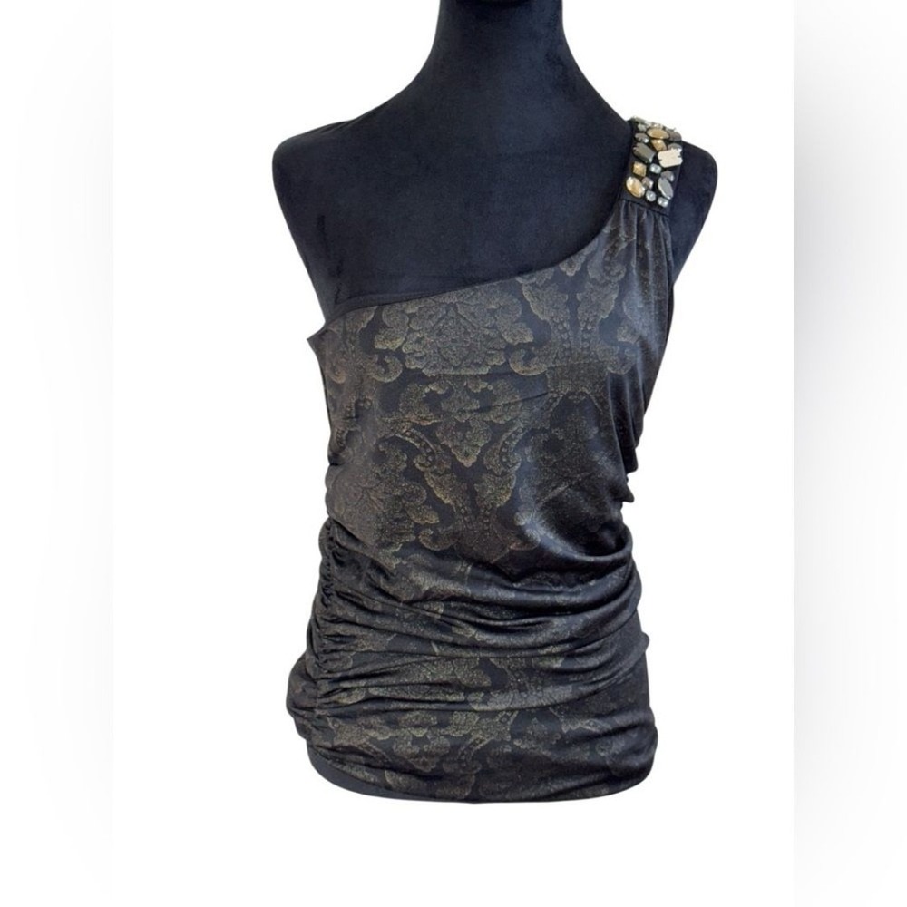 Studio Y VTG Y2K One shoulder going out top with jewel accents gold print Medium